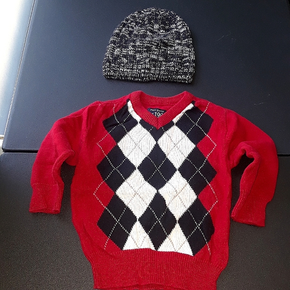 Boys Winter Hat and Argyle Red Sweater
